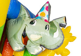 Mini opblaasbare multiplay springkasteel met glijbaan in feest thema te bestellen voor kinderen. Bestel opblaasbare springkastelen online at JB Inflatables Nederland