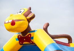 Standaard springkussen in opvallende kleuren en met bovenop een groot 3D object van een aap, te koop voor kinderen. Koop overdekt springkussens online bij JB Inflatables Nederland