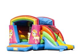 Klein overdekt multifun springkussen kopen in thema unicorn met glijbaan voor kinderen. Koop springkussens online bij JB Inflatables Nederland