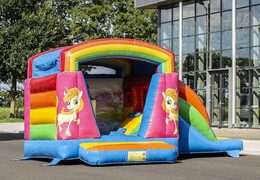 Klein overdekt multifun luchtkussen kopen in thema unicorn met glijbaan voor kinderen. Bestel luchtkussens online bij JB Inflatables Nederland