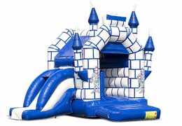 Midi overdekt multifun springkussen met glijbaan kopen in een kleuren combinatie van blauw en wit en in kasteel thema voor kinderen. Bestel springkussens online bij JB Inflatables Nederland