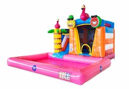 Koop opblaasbaar mini splash bounce springkussen in flamingo thema met of zonder bad . Bestel springkussens online bij JB Inflatables Nederland 