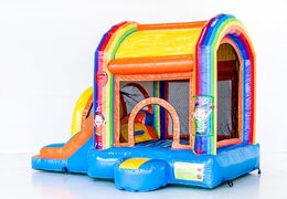 Kleine multiplay opblaasbare springkussen met glijbaan in feest thema te bestellen voor kinderen. Koop opblaasbare springkussens online bij JB Inflatables Nederland