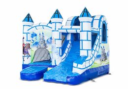 Klein overdekt opblaasbaar multiplay springkussen met glijbaan bestellen in thema blauw wit kasteel voor kinderen. Koop opblaasbare springkussens online bij JB Inflatables Nederland