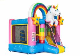 Kleine multiplay opblaasbare springkussen met glijbaan in unicorn thema te bestellen voor kinderen. Koop opblaasbare springkussens online bij JB Inflatables Nederland
