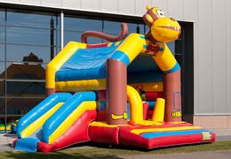 Overdekt multifun springkussen met glijbaan in thema monkey met 3D object aan de bovenkant bestellen voor zowel jonge als oudere kinderen. Koop springkussens online bij JB Inflatables Nederland