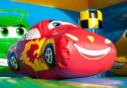 Overdekt multifun springkussen met glijbaan in auto thema met 3D object op het dak kopen voor zowel jonge als oudere kinderen. Bestel springkussens online bij JB Inflatables Nederland