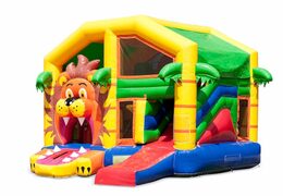 Opblaasbaar overdekt multiplay springkussen met glijbaan kopen in thema leeuw voor kinderen. Bestel opblaasbare springkussens online bij JB Inflatables Nederland