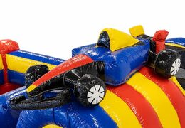 Springkussen in formule 1 thema met glijbaan, leuke objecten op het springvlak en opvallende 3D objecten bestellen voor kinderen.  Koop opblaasbare springkussens online bij JB Inflatables Nederland