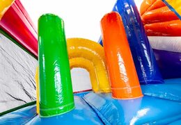 Bestel middelmatig opblaasbare multiplay luchtkussen in flamingo thema met glijbaan voor kinderen. Koop opblaasbare luchtkussens online bij JB Inflatables Nederland