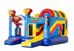 Opblaasbaar open multiplay springkussen met glijbaan kopen in thema superhero voor kinderen. Bestel opblaasbare springkussens online bij JB Inflatables Nederland