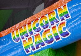Springkussen in unicorn thema met glijbaan, pilaren op het springvlak en opvallende 3D objecten bestellen voor kinderen.  Koop opblaasbare springkussens online bij JB Inflatables Nederland