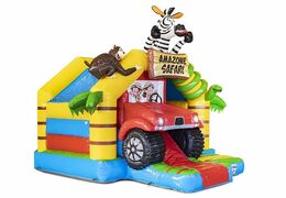Opblaasbaar springkussen met glijbaan aan de voorkant volledig in Amazon Safari thema bestellen voor kinderen