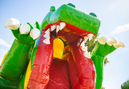 Opblaasbaar luchtkussen multiplay met glijbaan in geel groen dino thema te koop