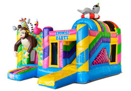 Opblaasbaar springkussen met glijbaan met feestende dieren te koop voor kinderen