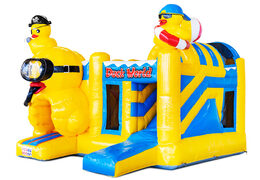 opblaasbaar luchtkussen met glijbaan in het geel met eendjes erop kopen voor kinderen