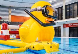 Eend met snorkel op water stormbaan in zwembad bij JB