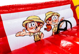 Springkussen thema gorilla safari met illustratie van rangers in Jeep 