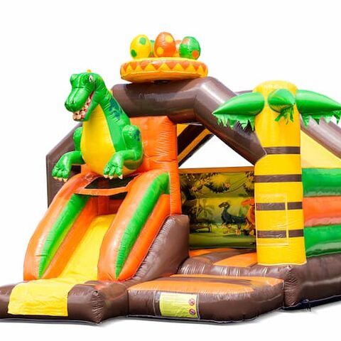 Opblaasbaar slide combo springkussen met groene dinosaurus kopen voor kinderen. Bestel springkussens in dinosaur thema bij JB Inflatables Nederland