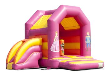 Midi overdekt multifun springkussen met glijbaan kopen in een kleuren combinatie van roze geel en oranje en in prinses thema voor kinderen. Bestel springkussens online bij JB Inflatables Nederland