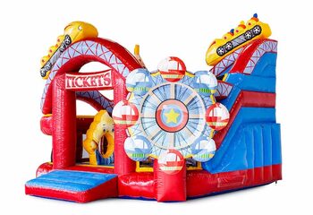 Groot opblaasbaar open multiplay springkussen met glijbaan kopen in thema achtbaan rollercoaster voor kinderen. Bestel springkussens online bij JB Inflatables Nederland