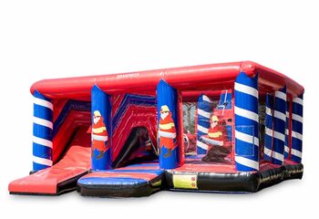 Groot opblaasbaar open multiplay springkussen met glijbaan kopen in thema brandweer voor kinderen. Bestel springkussens online bij JB Inflatables Nederland