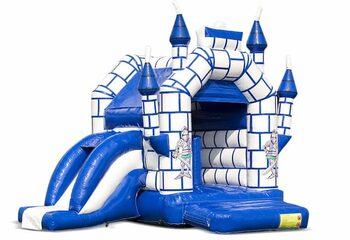 Midi overdekt multifun springkussen met glijbaan kopen in een kleuren combinatie van blauw en wit en in kasteel thema voor kinderen. Bestel springkussens online bij JB Inflatables Nederland
