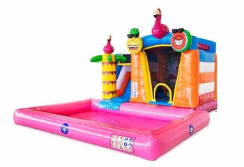 Koop opblaasbaar mini splash bounce springkussen in flamingo thema met of zonder bad . Bestel springkussens online bij JB Inflatables Nederland 