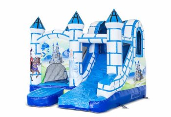 Klein overdekt opblaasbaar multiplay springkussen met glijbaan bestellen in thema blauw wit kasteel voor kinderen. Koop opblaasbare springkussens online bij JB Inflatables Nederland