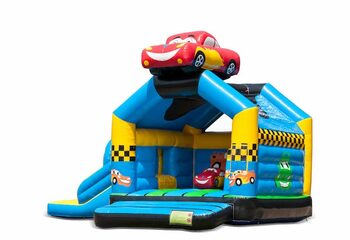 Opblaasbaar overdekt multiplay multifun springkussen met glijbaan kopen in thema auto cars voor kinderen. Bestel springkussens online bij JB Inflatables Nederland