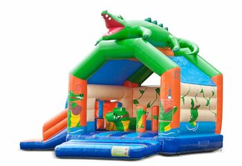Opblaasbaar overdekt multiplay multifun springkussen met glijbaan kopen in thema krokodil voor kinderen. Bestel springkussens online bij JB Inflatables Nederland