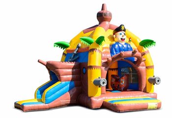 Opblaasbaar overdekt multifun super springkussen met glijbaan kopen in thema piraat voor kinderen. Bestel springkastelen online bij JB Inflatables Nederland