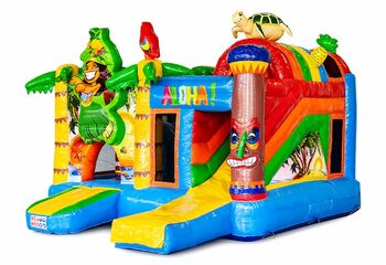 Overdekt opblaasbaar multiplay springkussen met glijbaan kopen in thema tropisch hawaii voor kinderen. Bestel opblaasbare springkussens online bij JB Inflatables Nederland