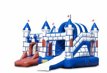 Overdekt opblaasbaar multiplay springkussen met glijbaan kopen in thema blauw wit kasteel voor kinderen. Bestel opblaasbare springkussens online bij JB Inflatables Nederland
