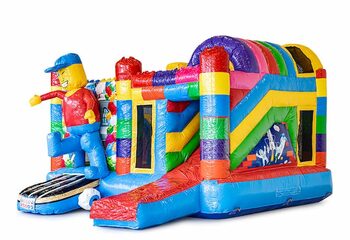 Opblaasbaar overdekt multiplay springkussen met glijbaan kopen in thema superblocks lego voor kinderen. Bestel opblaasbare springkussens online bij JB Inflatables Nederland