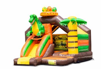 Opblaasbaar slide combo springkussen met groene dinosaurus kopen voor kinderen. Bestel springkussens in dinosaur thema bij JB Inflatables Nederland