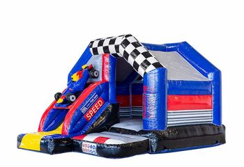 Klein overdekt opblaasbaar multiplay springkussen met glijbaan kopen in thema formule 1 voor kinderen. Bestel opblaasbare springkussens met glijbaan bij JB Inflatables Nederland