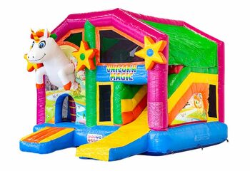 Opblaasbaar overdekt multiplay springkussen met glijbaan kopen in thema unicorn voor kinderen. Bestel opblaasbare springkussens online bij JB Inflatables Nederland