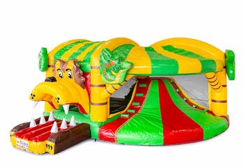 Opblaasbaar overdekt multiplay luchtkussen met glijbaan kopen in thema jungle voor kinderen. Bestel opblaasbare luchtkussens online bij JB Inflatables Nederland