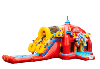 Groot opblaasbaar multiplay luchtkussen in achtbaan thema inclusief glijbaan kopen voor kinderen