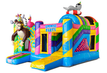 Opblaasbaar springkussen met glijbaan met feestende dieren te koop voor kinderen
