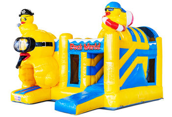 opblaasbaar luchtkussen met glijbaan in het geel met eendjes erop kopen voor kinderen