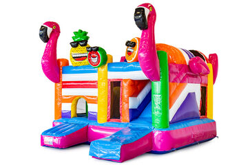 Opblaasbaar open multiplay springkussen met glijbaan kopen in thema flamingo voor kinderen. Bestel opblaasbare springkussens online bij JB Inflatables Nederland
