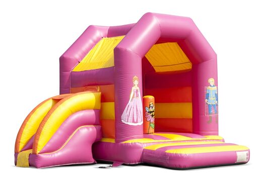Midi overdekt multifun springkussen met glijbaan kopen in een kleuren combinatie van roze geel en oranje en in prinses thema voor kinderen. Bestel springkussens online bij JB Inflatables Nederland