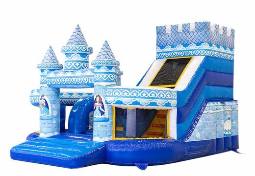 Groot opblaasbaar open blauw multiplay springkussen met glijbaan kopen in thema funcity prinses voor kinderen. Bestel springkussens online bij JB Inflatables Nederland