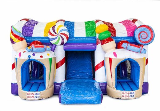 Multiplay XXL Candyland springkussen in een uniek design met twee ingangen, een glijbaan in het midden en 3D objecten bestellen voor kids. Koop springkussens online bij JB Inflatables Nederland