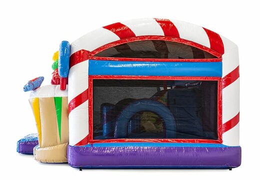 Opblaasbaar multiplay snoep springkussen met een glijbaan in het midden en 3D objecten kopen voor kinderen. Bestel springkussens online bij JB Inflatables Nederland