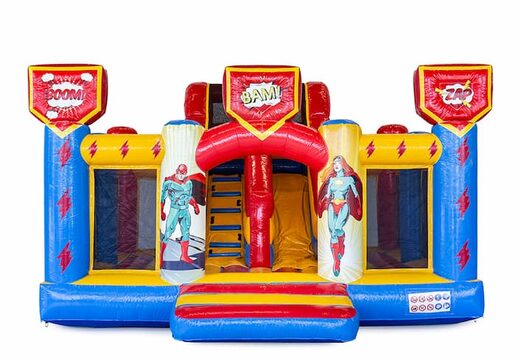 Slidebox superhero springkussen met glijbaan bestellen voor kids. Koop springkussens online bij JB Inflatables Nederland