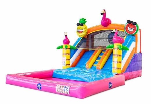 Waterglijbaan springkussen met bovenop een 3D object van een grote flamingo kopen bij JB Inflatables Nederland. Bestel nu springkussens online bij JB Inflatables Nederland 