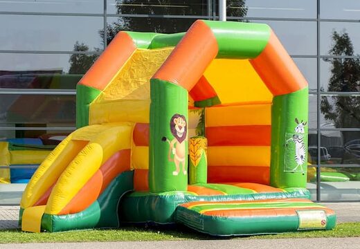 Midi overdekt multifun springkussen met glijbaan te koop in thema jungle voor kinderen. Koop springkussens online bij JB Inflatables Nederland